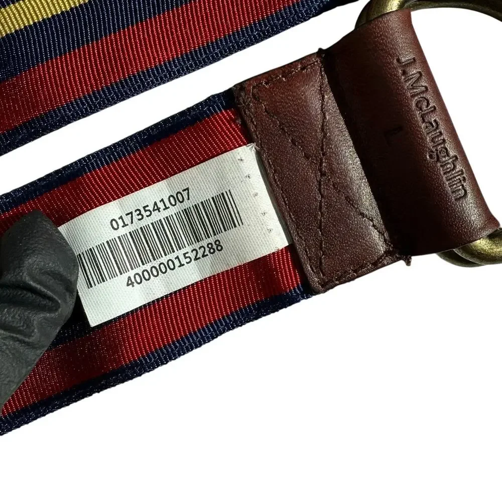 J.McLaughlin Striped Canvas D-Ring Belt Red Navy Yellow Large